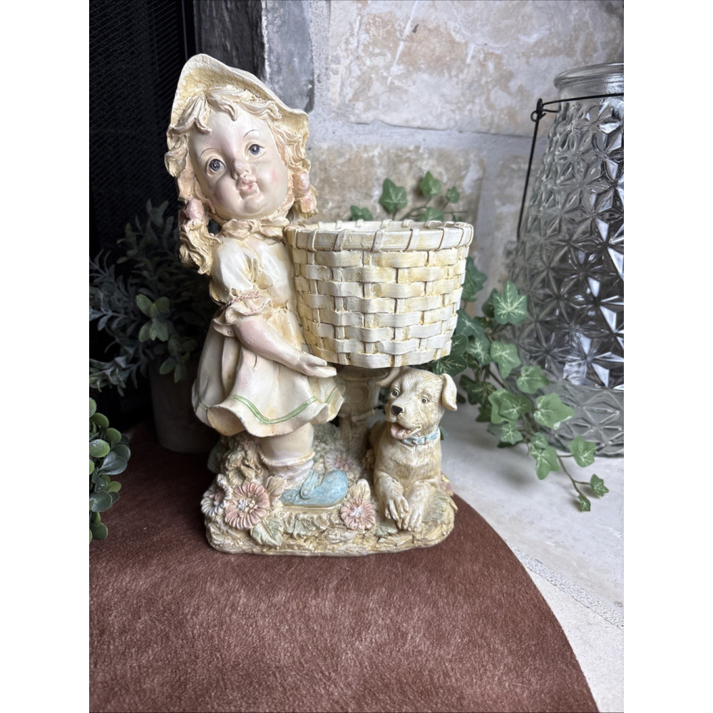 Vintage Girl in Dress With Dog Planter/Flowers indoor or outdoor garden